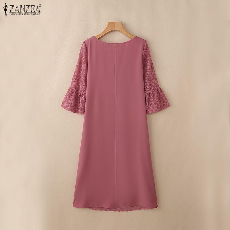 ZANZEA Women Square Collar 3/4 Sleeve Casual Lace Patchwork Elegant Dress