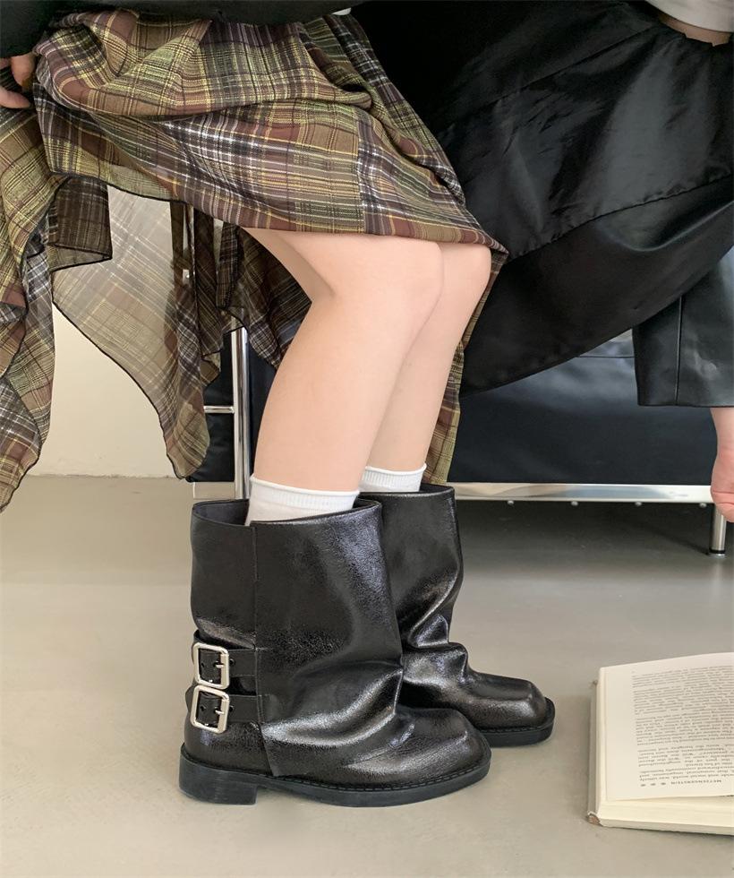 

First-layer cowhide trousers boots~ New European and American style square head splicing sleeve flanging belt buckle thick heel medium heel short boot 39 чёрный