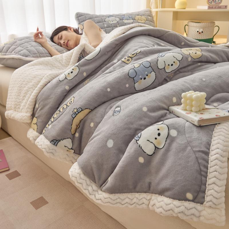 Winter Thick Three-Layer Quilted Blanket Milk Flannel Multifunctional Warm Blankets for Home Cartoon Printed Single Sofa Cover