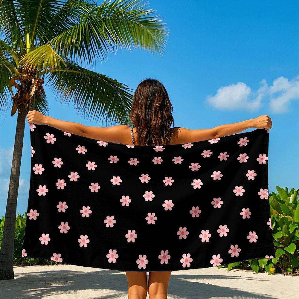Serviette de Bain à Séchage Rapide Fleur Noir & Rose Serviette de Plage Microfibre - poids léger natation camping yoga plage extérieur 50x100cm