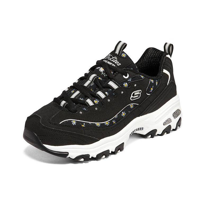 Skechers DLites 1.0 Fafa Bear Fabric Leather Mesh Round Toe Lace-Up Shock Absorbing Durable Lightweight Breathable Low-Top Dad Shoes 896180-BKW