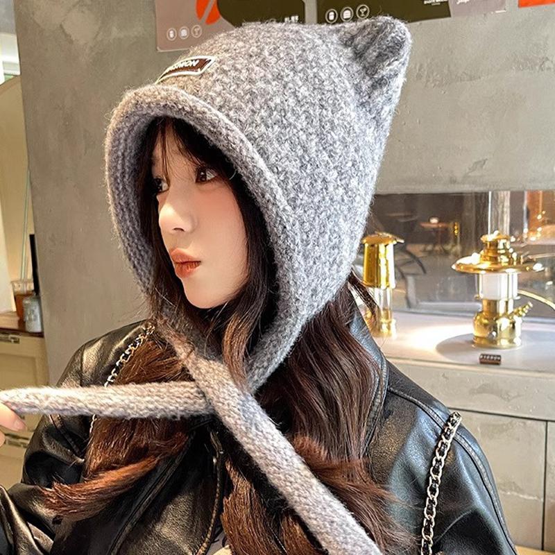 Autumn And Winter Woolen Cute Bear Ear Hat For Women Outdoor Warm Cold-Proof Sweet Knitted Hat