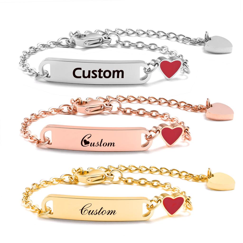 Free Enraving Heart Bracelet Girl Boy , Adjustable Stainless Steel Chain, Personalized Name Date Birthday Gift Not Allergenic