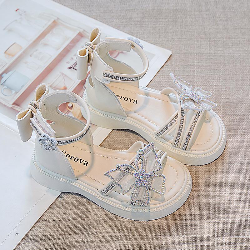 Children's Roman Sandals Summer New Rhinestone Butterfly Girls' Princess Shoes Soft Soled Non Slip Kid's Casual Beach Shoes