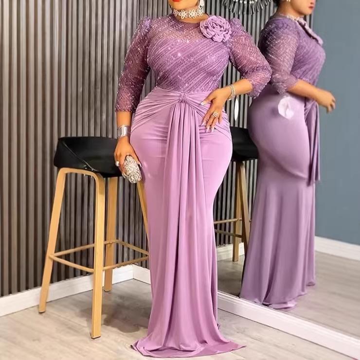 Plus Size Women s Elegant Purple Sequin Mermaid Skirt with 3D Floral Detail for Evening Events 2XL фиолетовый