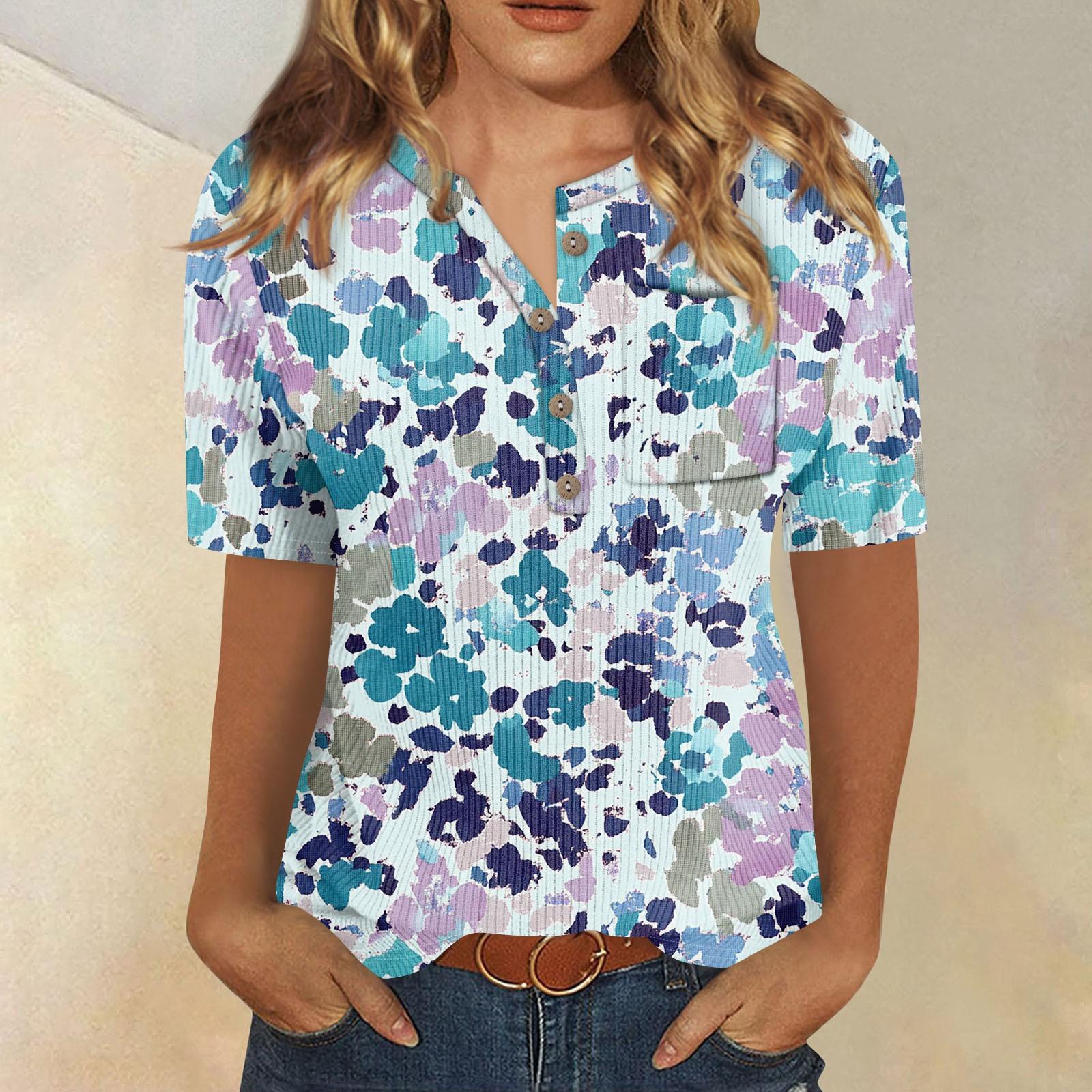 

Жіноча футболка з короткими рукавами в смужку з ботанічним принтом і коміром XL небо синє кольору