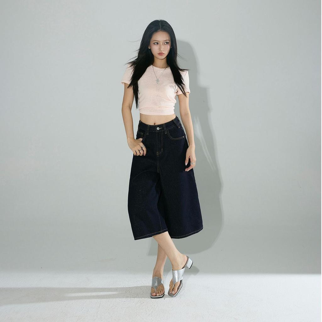 Fashion Summer Four Color Vintage High Waist Loose Wide Leg Straight Slimming Cropped Capri Denim Pants For Women Trendy Versatile AllMatch Design