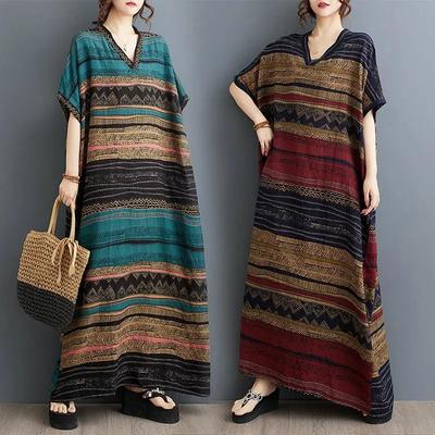 Women's Summer Thin Cotton and Linen Printed V-neck Loose Large Size Simple Holiday Style Long Skirt