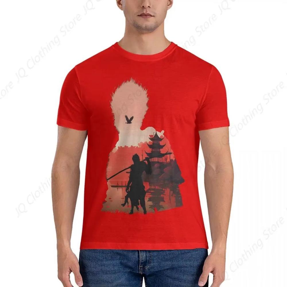 Men Negative Illusion Photographic Print T Shirts Black Myth Wukong Pure Cotton Clothing Cool Short Sleeve Round Neck