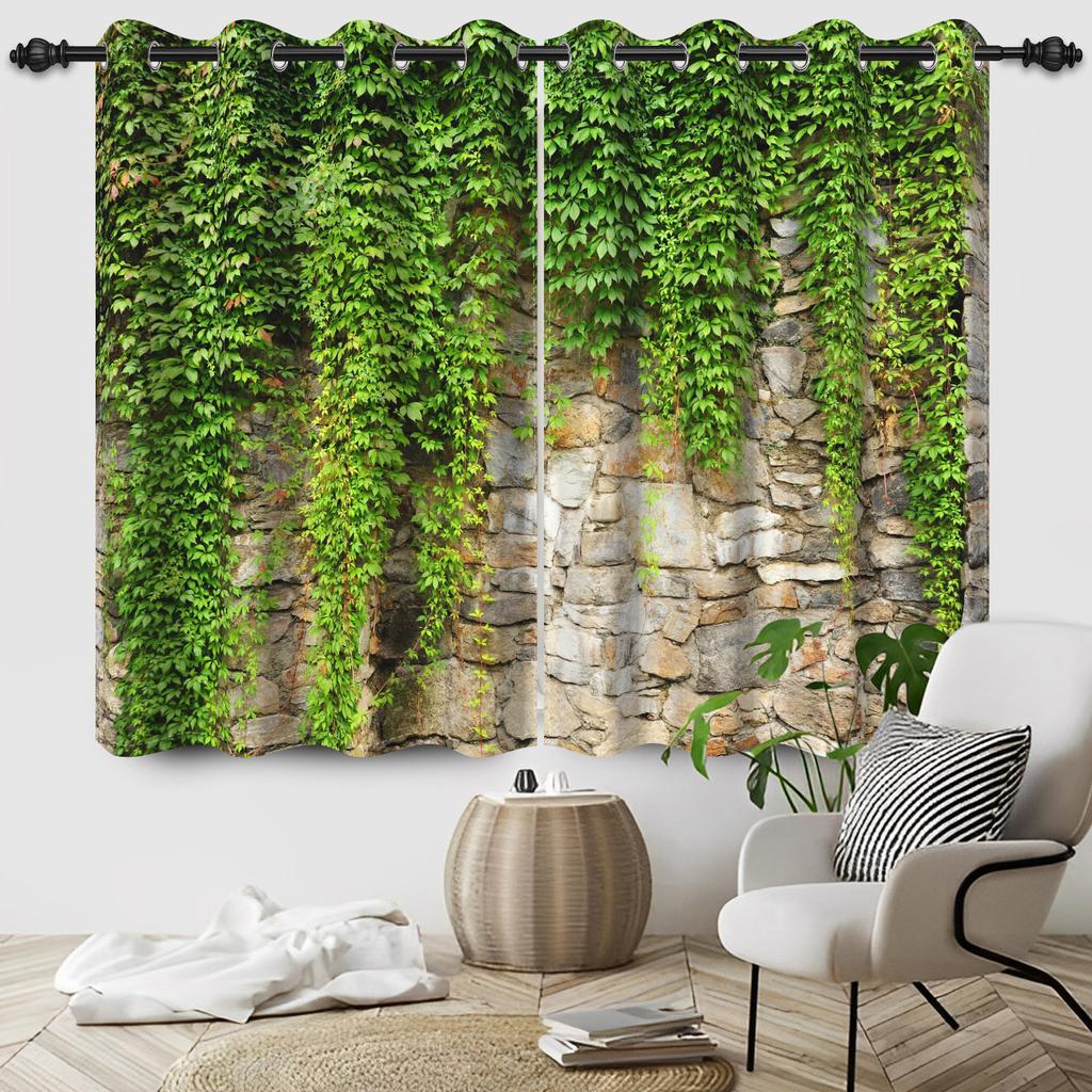 Green Leaves Stone Wall Curtains Insulated Room Darkening Window Drapes with Grommet for Living Room Bedroom Blackout Curtain