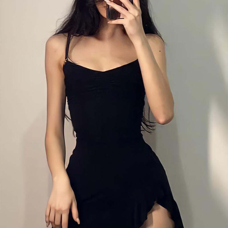Summer Sexy Mini Dress Women Sleeveless Strap Streetwear Backless Folds Bodycon Split Black Dress Party Elegant A-LINE Dresses