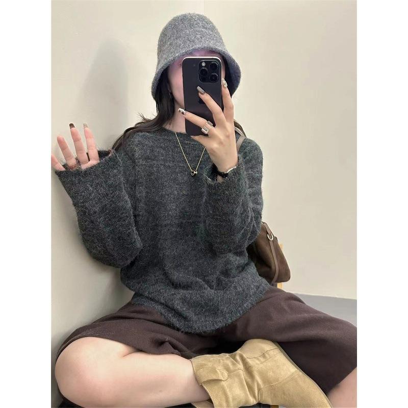 Women Autumn Winter Loose Knitted Sweater Soft Warm Long Sleeve Solid Color Casual Oversized Pullover Daily Streetwear Tops