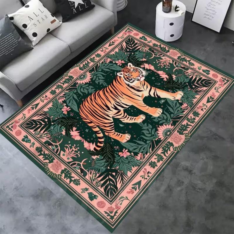 Art Tiger Animal Area Rug Vintage Floral Decor Non-slip Carpet Living Room Bedroom Large Size Soft Shaggy Floor Mat Asian Style