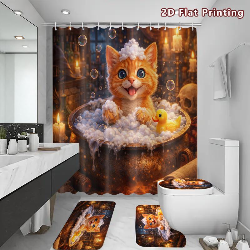 4Pcs Shower Curtain Set with Non-Slip Bath Mat, Toilet Lid Cover, Contour Rug & 12 Hooks, Bathroom Decor