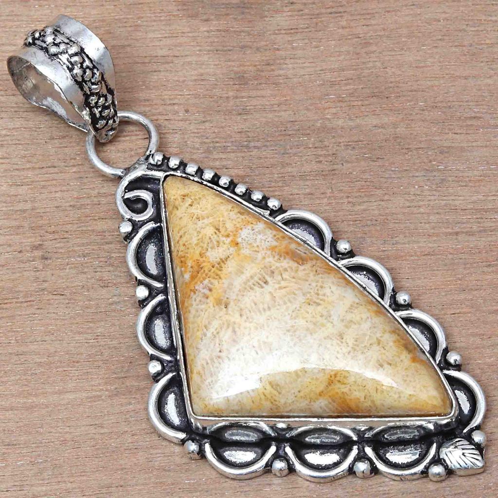 Pendant Fossil Coral Gemstone Handicraft Valentine'Day Silver Jewelry 2.25"