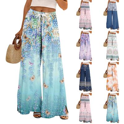 Kadın Yaz Boho Palazzo Pantolon Yüksek Bel Geniş Paça Çiçek Desenli Cepli Günlük Pantolon