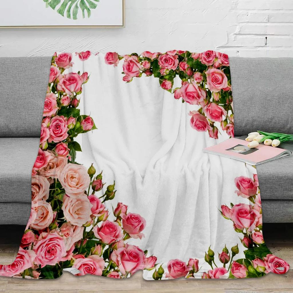 Pink Rose Bouquet White Throw Blanket Portable Warm Blanket for Beds Home Decor Sofa Blanket