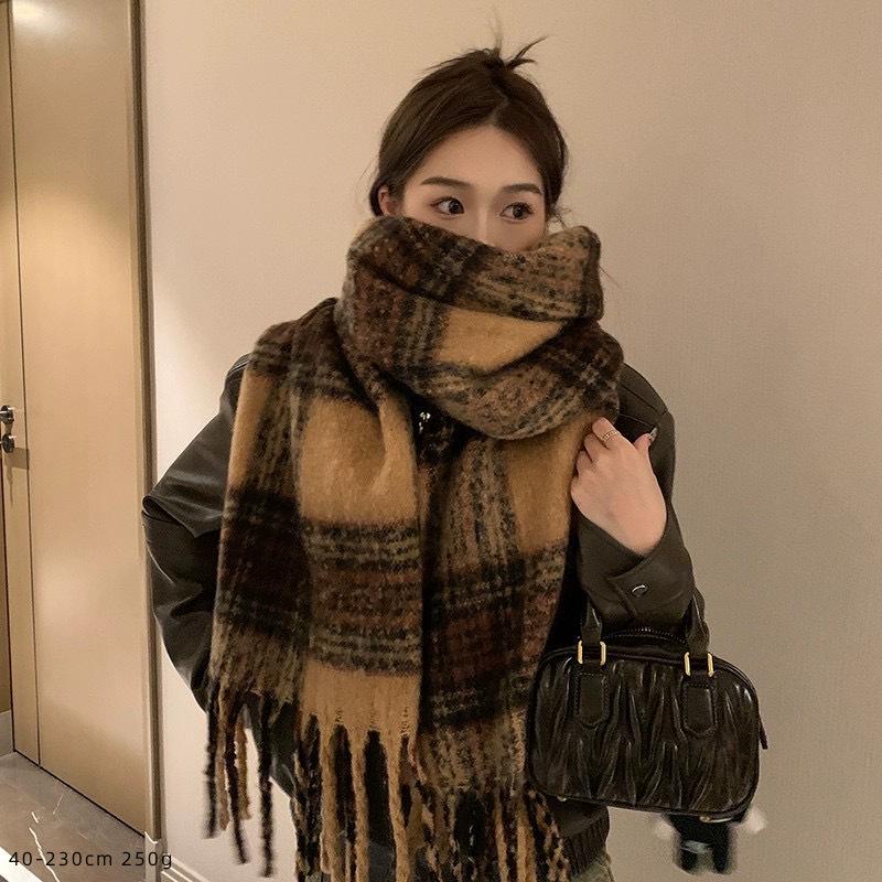 Korean Style Plaid Mohair Scarf - Women's Winter Imitation Cashmere Shawl