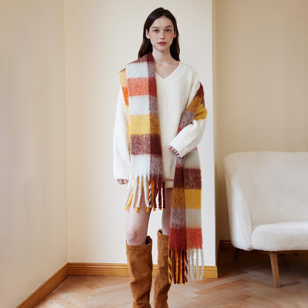 Imitation cashmere plaid scarf women's winter thickened simple warm black and white classic fringed scarf shawl