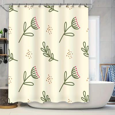 Modern Floral Bathroom Shower Curtain Set Decorative Water-Proof Printing Home Bath Mat Cream Color With Green Branches And Red
