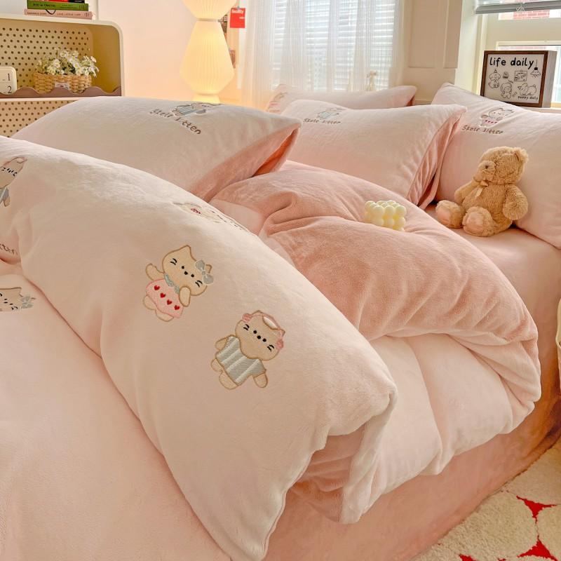 Ins Cute Cartoon Milk Fleece Bedding Set Winter Flannel Duvet Cover Sheet
