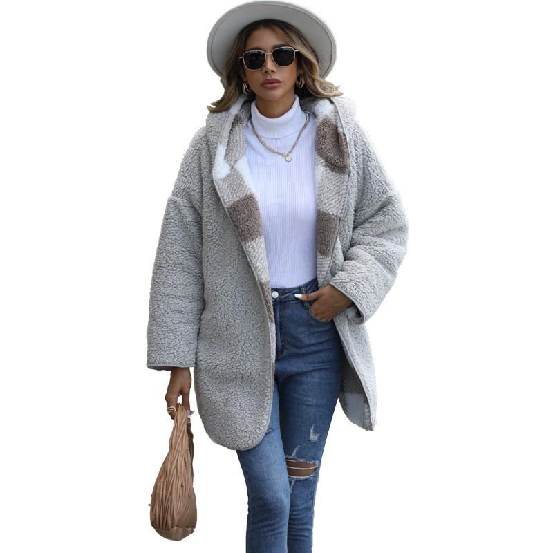 Womens Oversized Hooded Bubble Fleece Coat Casual Long Sleeve Plaid Loose Fit Mid-Length Unbuttoned Jacket