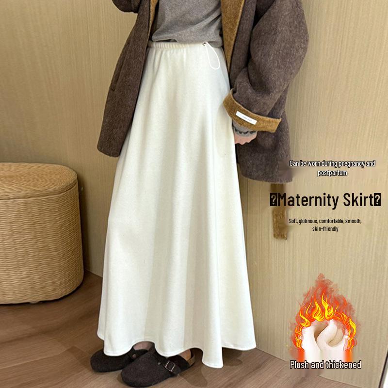 

Plus Velvet Thickened Maternity A-line Long Skirt - Non-Constricting Belly, French Style Autumn Winter Wear M