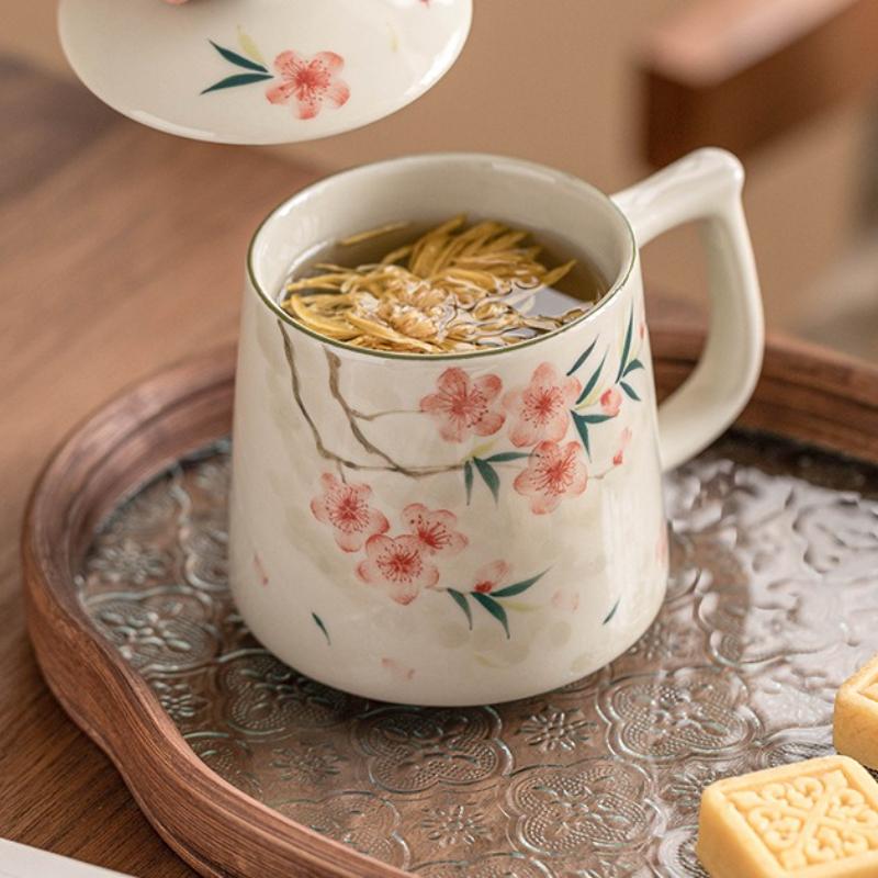 Hand-painted Peach Blossom Ceramic Mug with Lid Coffee Milk Water Cup Household Tea Cup Office Drinkware
