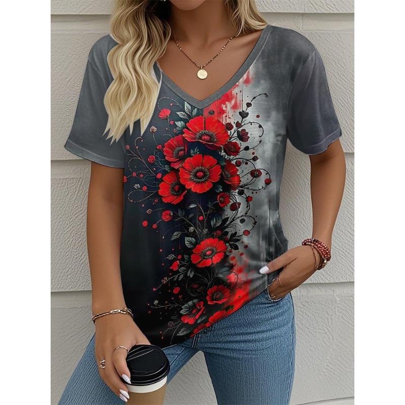 2025 Ethnic Women's T-Shirt Vintage Graphic Fashion Short Sleeved V-Neck Regular Tops Daily Print Tee Summer