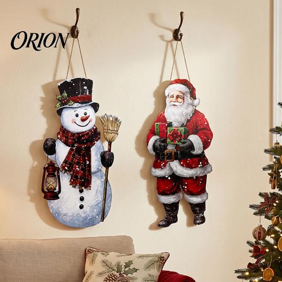 Traditional American Holiday Style Vintage Christmas Door Welcome Sign, Rustic Santa Claus Snowman Wooden Winter Seasonal Wall Art Wreath, Farmhouse