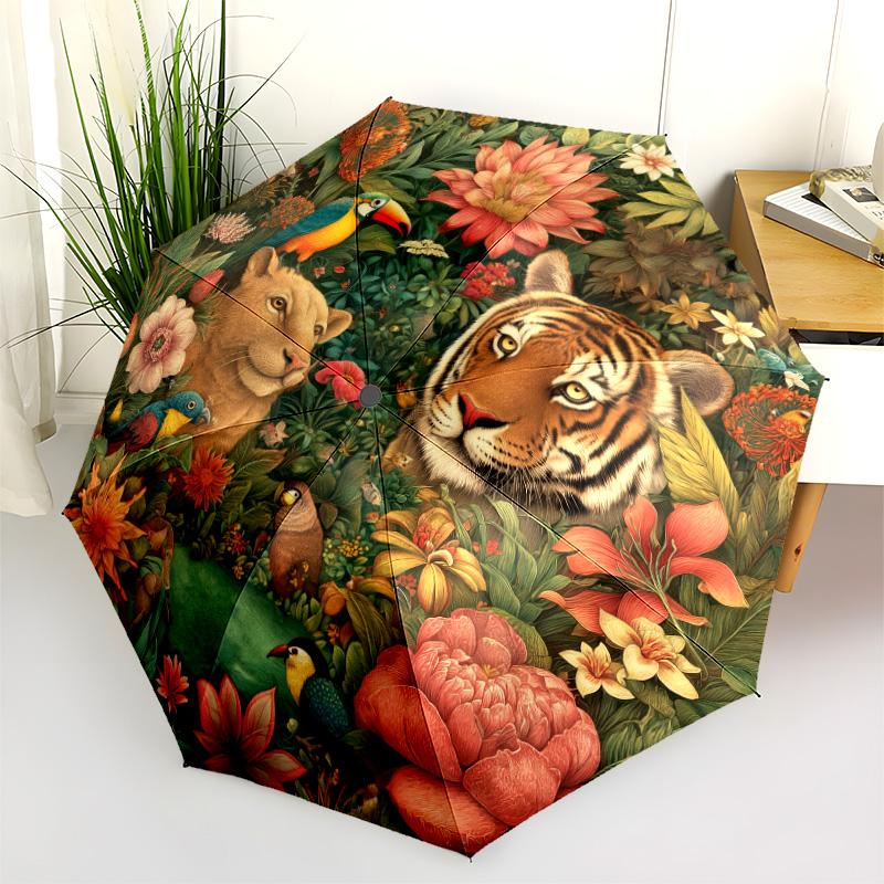 Tiger Parrot Pattern, Automatic Folding Umbrella, Portable and Foldable Design, 8 Ribs, a Christmas or Birthday Gift.