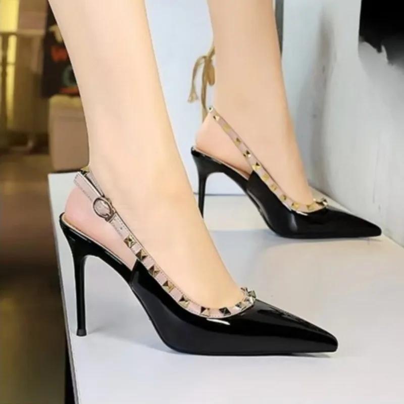 Fashion Spring Summer 2025 Studed Shallow Mouth Pointed Toe High Heels Stiletto Sandals Women