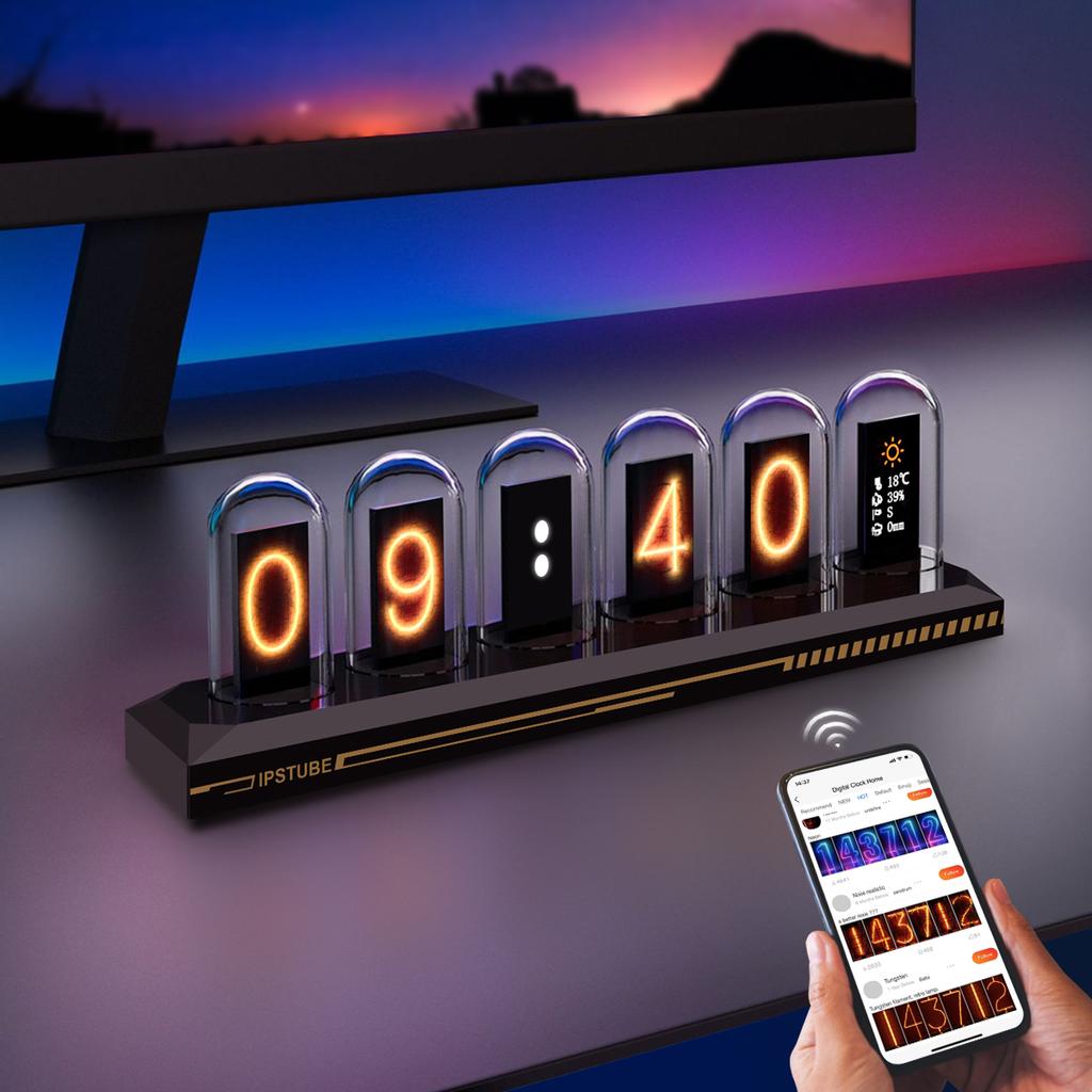 RGB Nixie Digital Tube Clock Bluetooth WiFi USB LED Glows Night Lights IPS Color Display Screen Game Desktop Bedroom Decor Gift