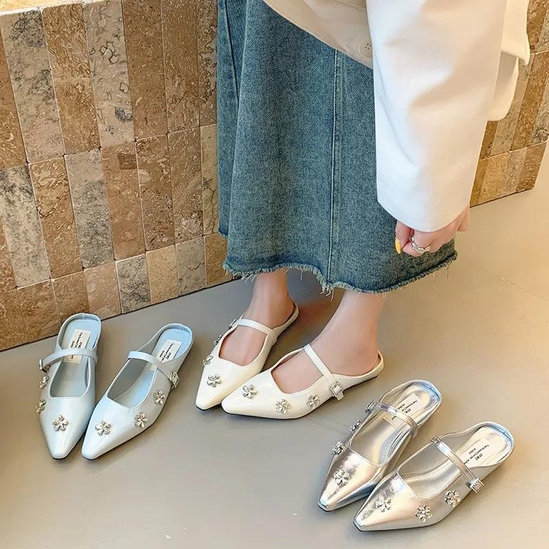 Fashion New Spring French Rhinestone Mary Jane Half Slippers Block Heel Women's Shoes Baotou Cold Slippers Korean Edition Single Shoes