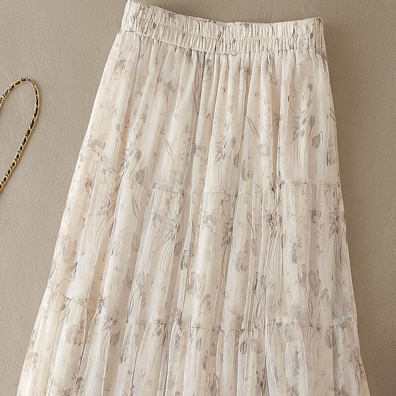 Sibaisha Women's High-Waist A-Line Floral Mesh Midi Skirt