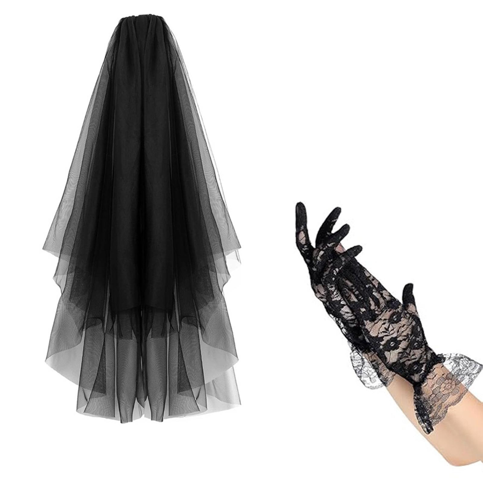 

Комплект из черной кружевной вуали и перчаток на Хэллоуин, элегантные аксессуары для костюма из тюля, головные уборы для женщин, наряд для маскарада E