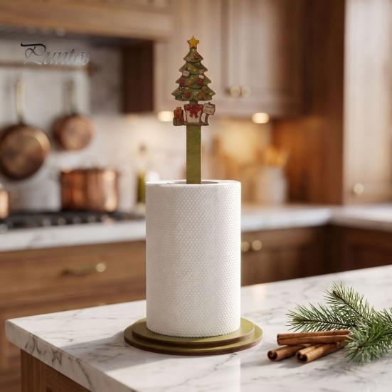 Decoración de Cocina Festiva Portarrollos de Papel de Cocina Navideño de Madera, Dispensador de Rollo 2D con Muñeco de Nieve, Estante Decorativo para Servilletas con Diseños de Papá Noel, Soporte para Comedor