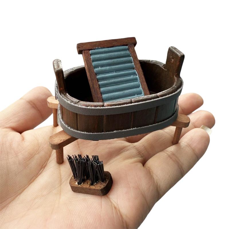 

1:12 Dollhouse Miniature Wooden Barrel Washboard Brush Three-Piece Set Laundry Scene Micro Landscape Ornaments Pretend Play Toys