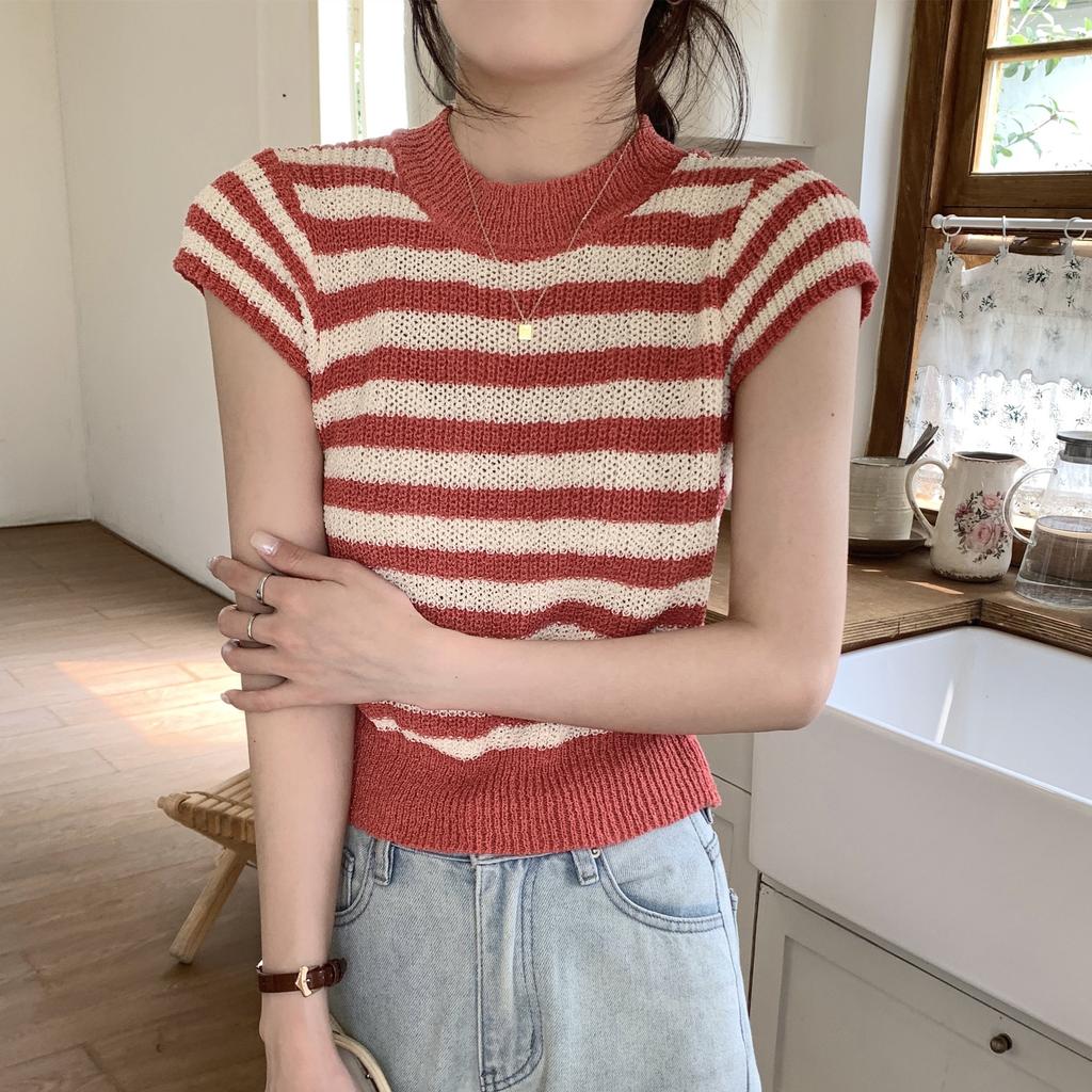 Round Neck Striped Color Blocking Short-sleeved Knit Sweater Female Spring and Summer Design Sense Niche Slim Top Tide Casual Slim Fit Pullovers Tees
