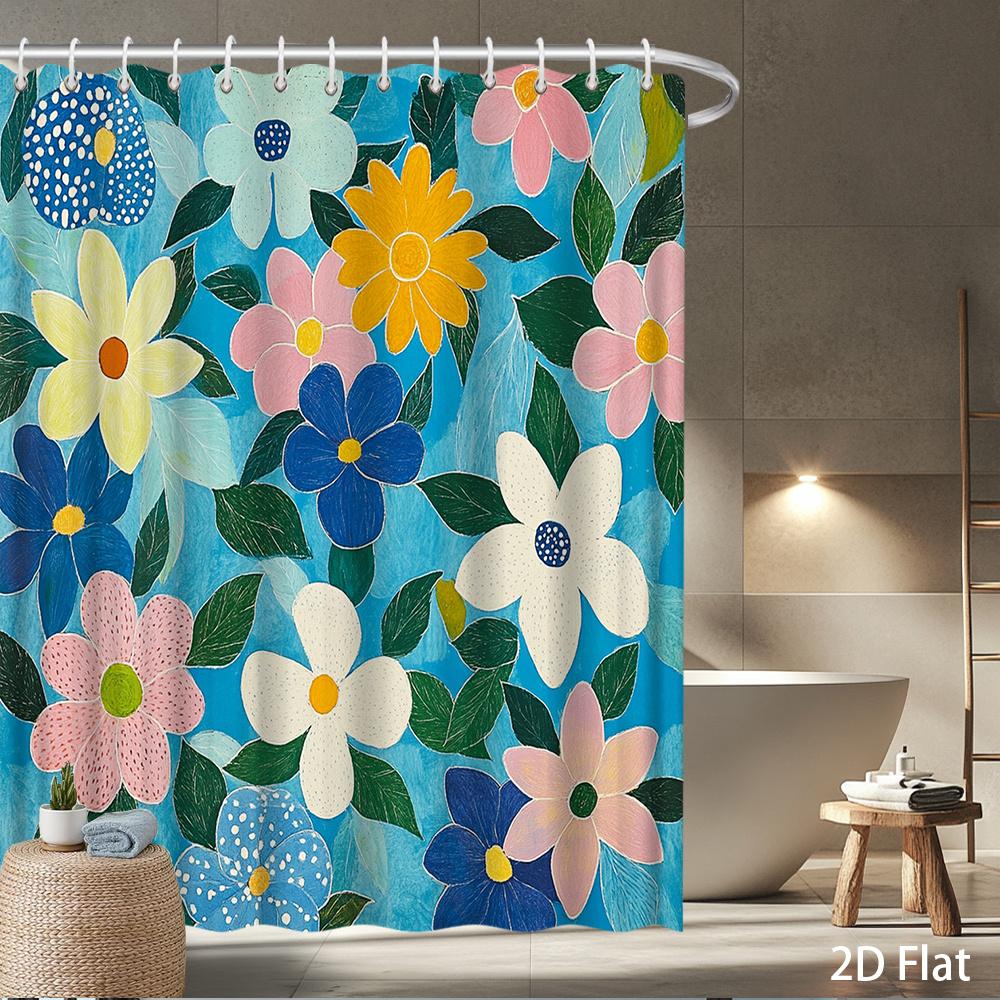 

Botanical Shower Curtain – Vibrant Yellow, Blue & Pink Flowers On Teal Background, Textured 2D Flat Polyester, Machine Washable W60H190(CM)-1 Pcs