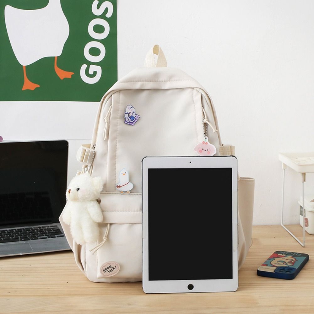 Badge Solid Color Backpack Bear Pendant Shoulder Bag Fashion Students School Bag School