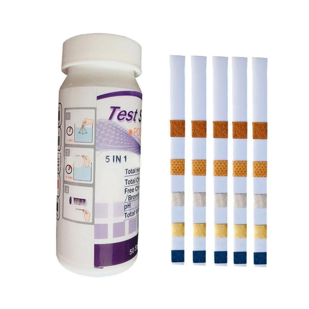 Pool And Spa Test Strips, 50 Strips Pack For Hot Tub-Test PH,Total Alkalinity,Free And Bromine, Accurate 5 In 1 Pool Water Testing Kit