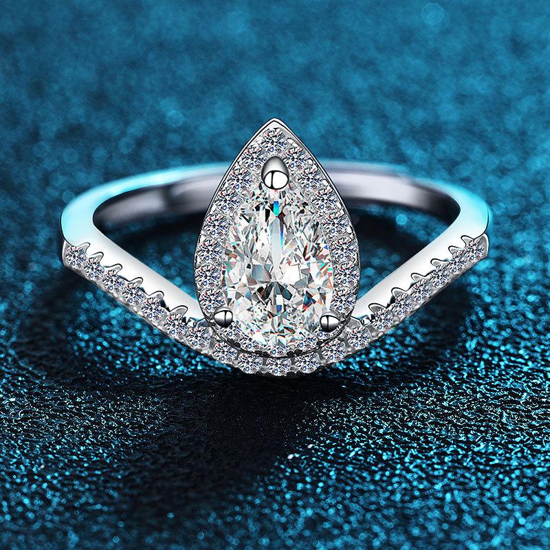 925 Sterling Silver Condensed Star Ring, Women'S One-Carat Water Drop Group Setting Diamond Ring, Trendy V-Shaped Open Ring