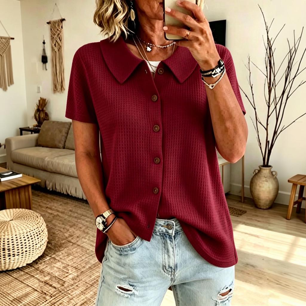 Women's Knit Button Down Short Sleeve Top with Collar, Casual Color Blouse