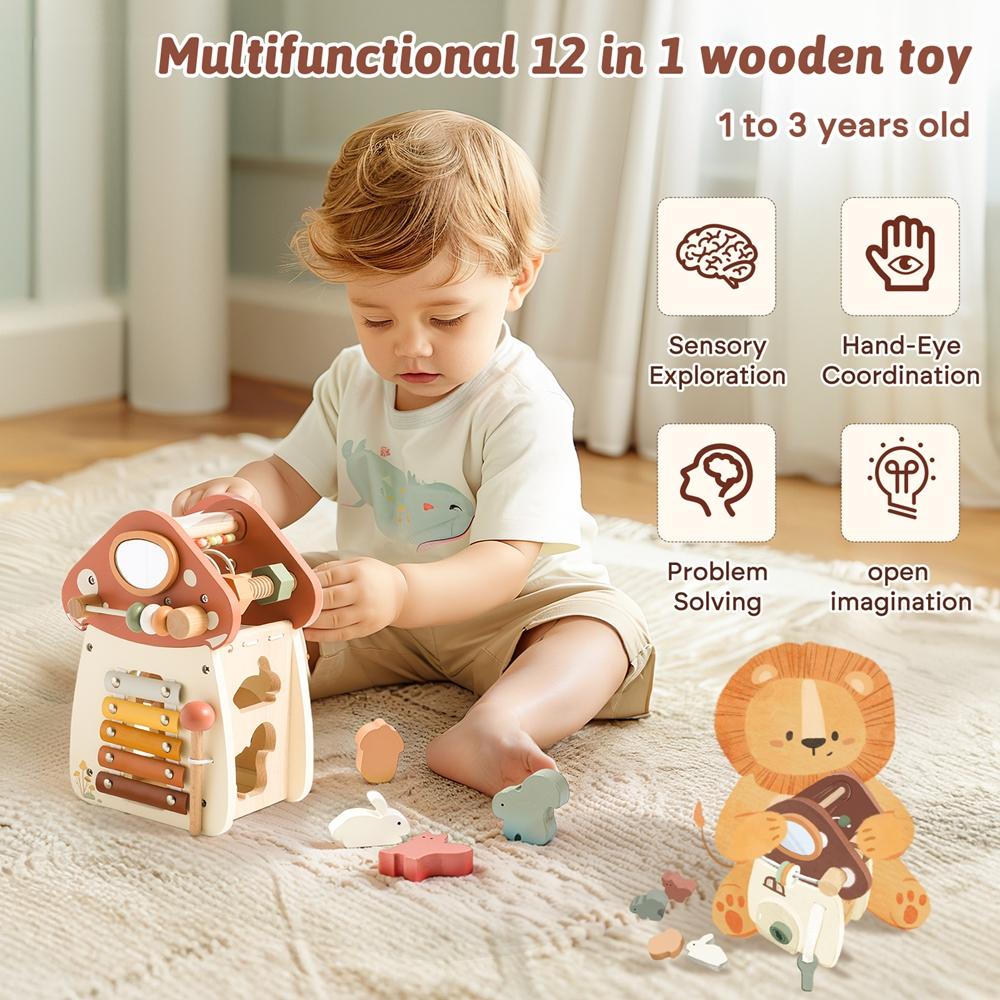 Baby Wooden Block Educational Wooden Building Block Mix Puzzle Toys Mushroom Five In One Table Toys Multifunctional Busy Toys