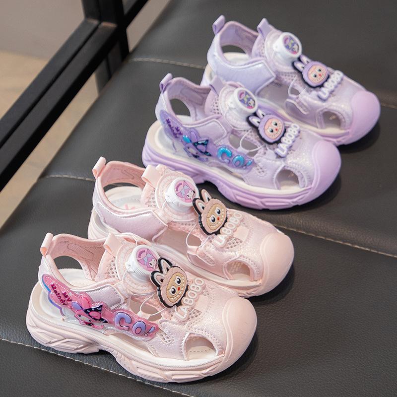 Summer Girls Closed Toe Beach Sandals Cartoon Soft Sole Fashion Button Shoes for Big Kids Cute Casual Footwear