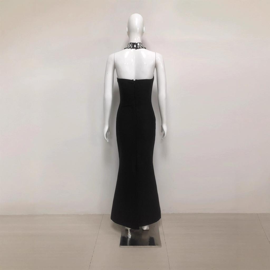 Fashion European and American women's clothing, sexy sleeveless backless neck nails drilled waist long evening dress bandage skirt