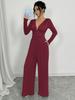 Women Deep V Ribbed Jumpsuit High Waist Ruched Wide Leg Long Sleeve Elegant Casual Jumpsuits