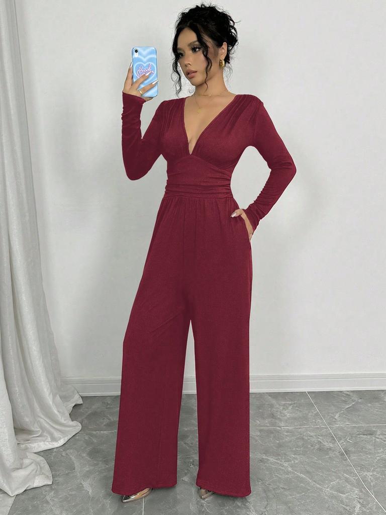Women Deep V Ribbed Jumpsuit High Waist Ruched Wide Leg Long Sleeve Elegant Casual Jumpsuits