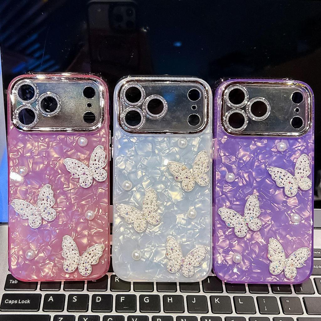 Compatible with Apple 17 Pro Max: Pearl Butterfly Drop-proof Shell Pattern iPhone 16 Double-sided Film IMD Case
